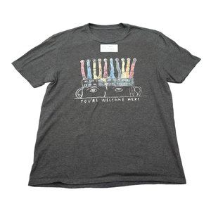 Youre Welcome Here Shirt Mens L Gray Short Sleeve Crew Neck Knit Print Basic Tee